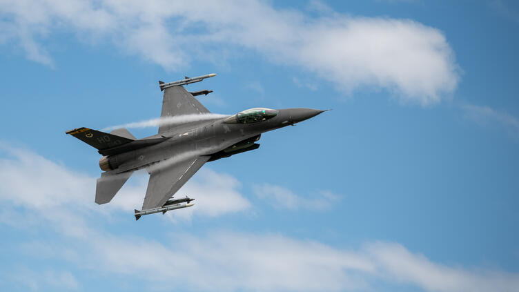 A U.S. Air Force F-16 Fighting Falcon aircraft performs a sortie