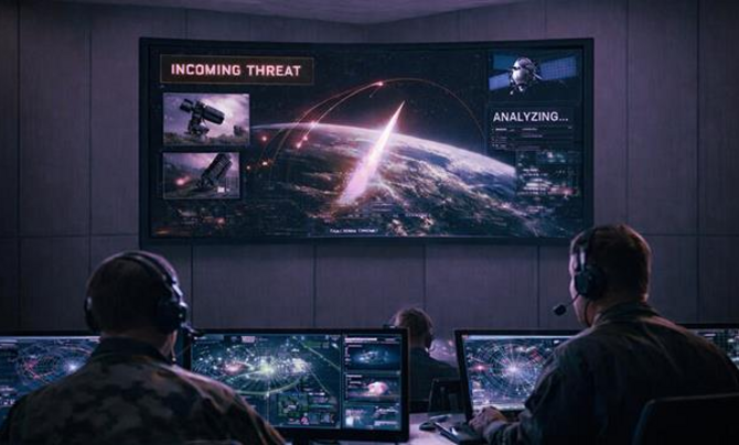 Command center personnel looking at a screen showing missile in flight