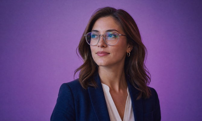 A woman has code reflected in her glasses