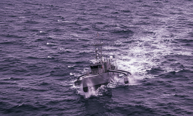 The autonomous vessel Seahawk is pictured underway in the ocean