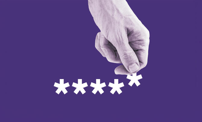 Black-and-white hand places a white asterisk alongside four others, resembling a password, against a purple background.