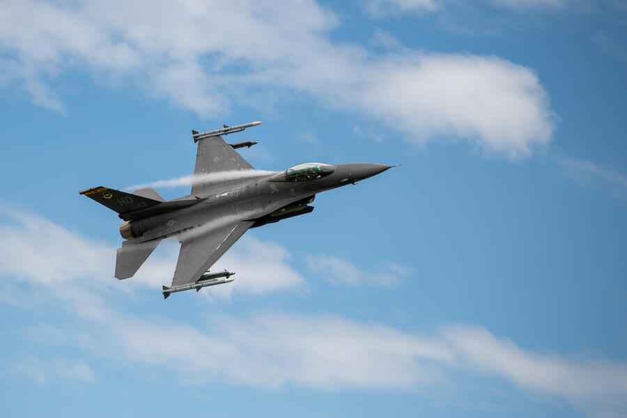 A U.S. Air Force F-16 Fighting Falcon aircraft performs a sortie