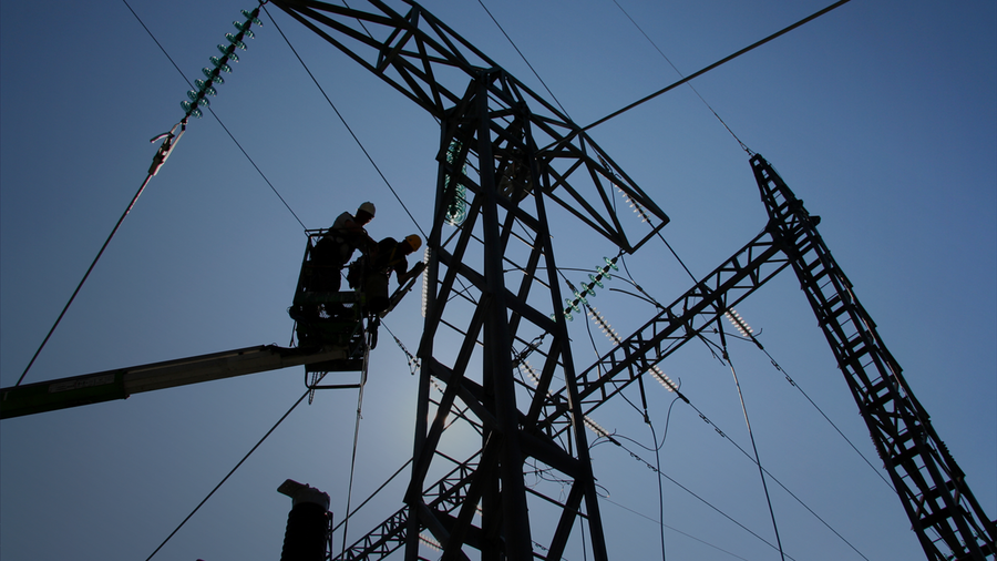 two utility workers assessing power lines