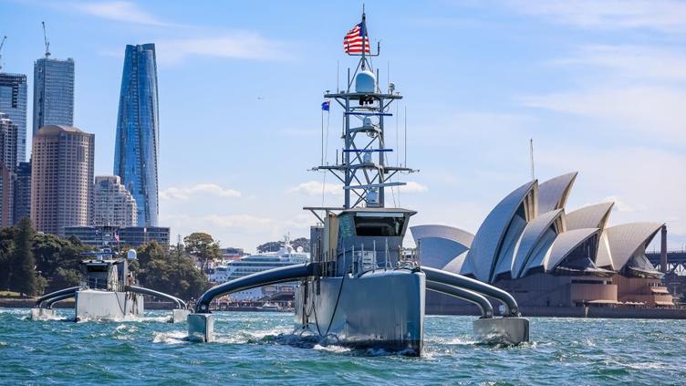 Sea Hunter sailing in front of the Sydney Opera House