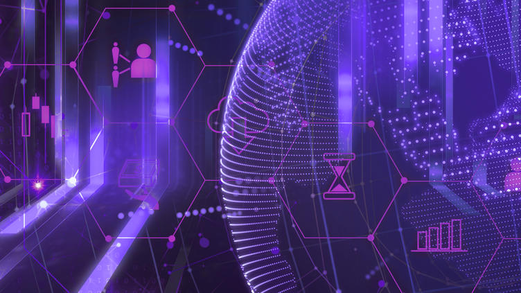 Abstract digital rendering with icons representing connectivity and the cloud, all with a purple theme