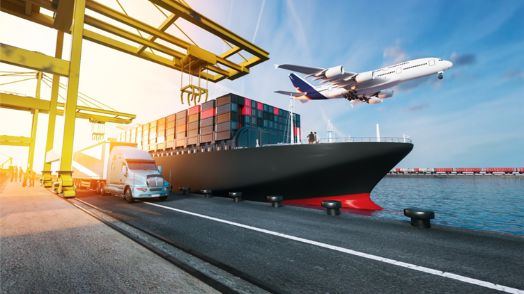 cargo ship with aircraft and truck scanner