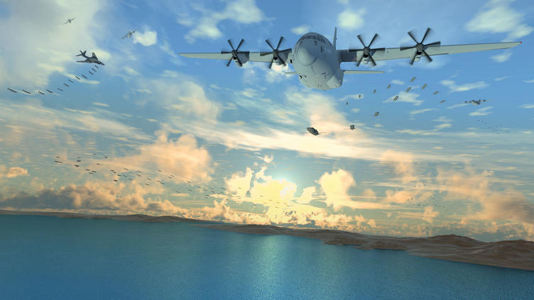 Rendering of military aircraft launching gremlins from the aircraft over the coast